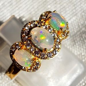 Fiery Ethiopian Welo Opal 18K gold over Sterling Silver Halo ring size 6